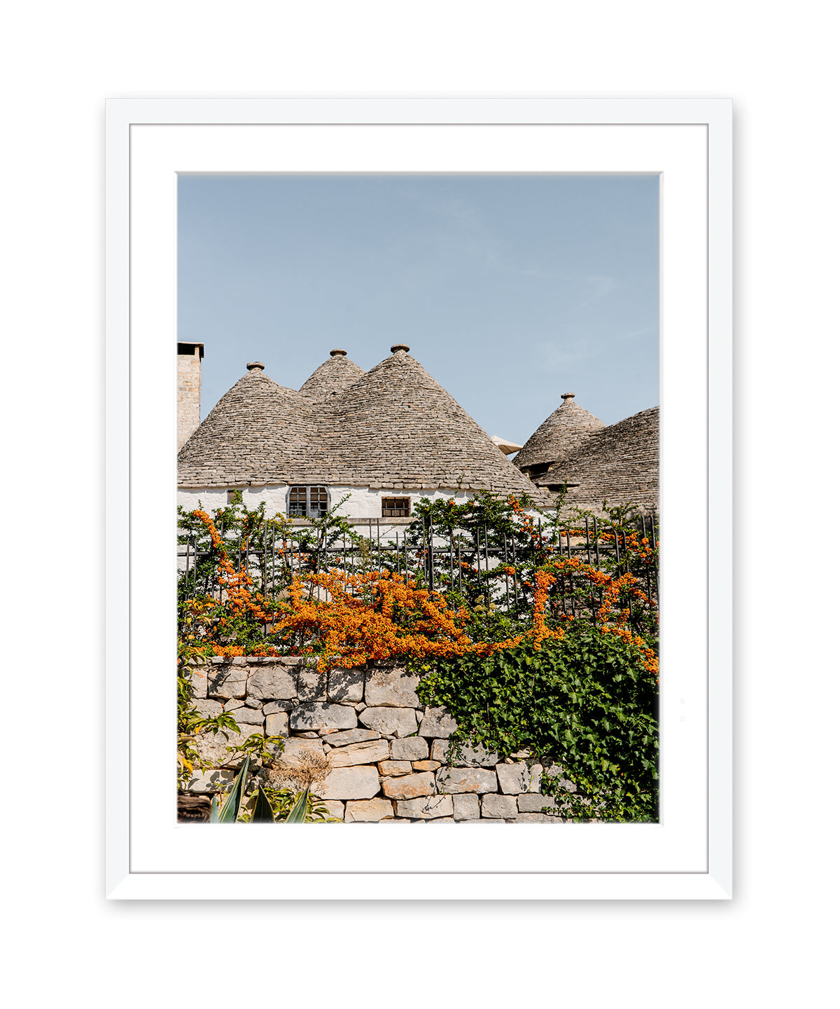 Italy Wall Art featuring the Trulli Houses in Alberobello in white frame.