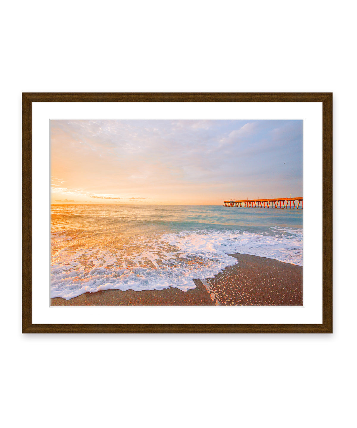 Sunny Colorful Sunrise Wrightsville Beach Photograph, Dark Wood Frame by Wright and Roam