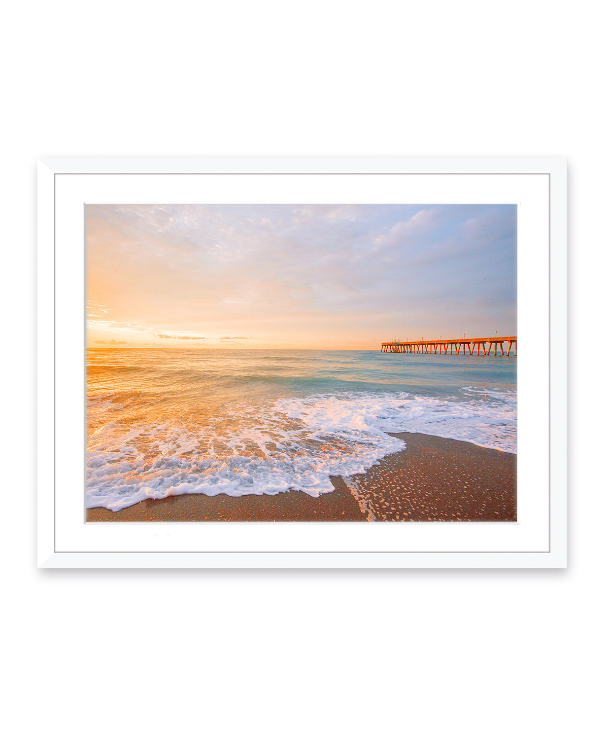 Sunny Colorful Sunrise Wrightsville Beach Photograph, White Wood Frame by Wright and Roam