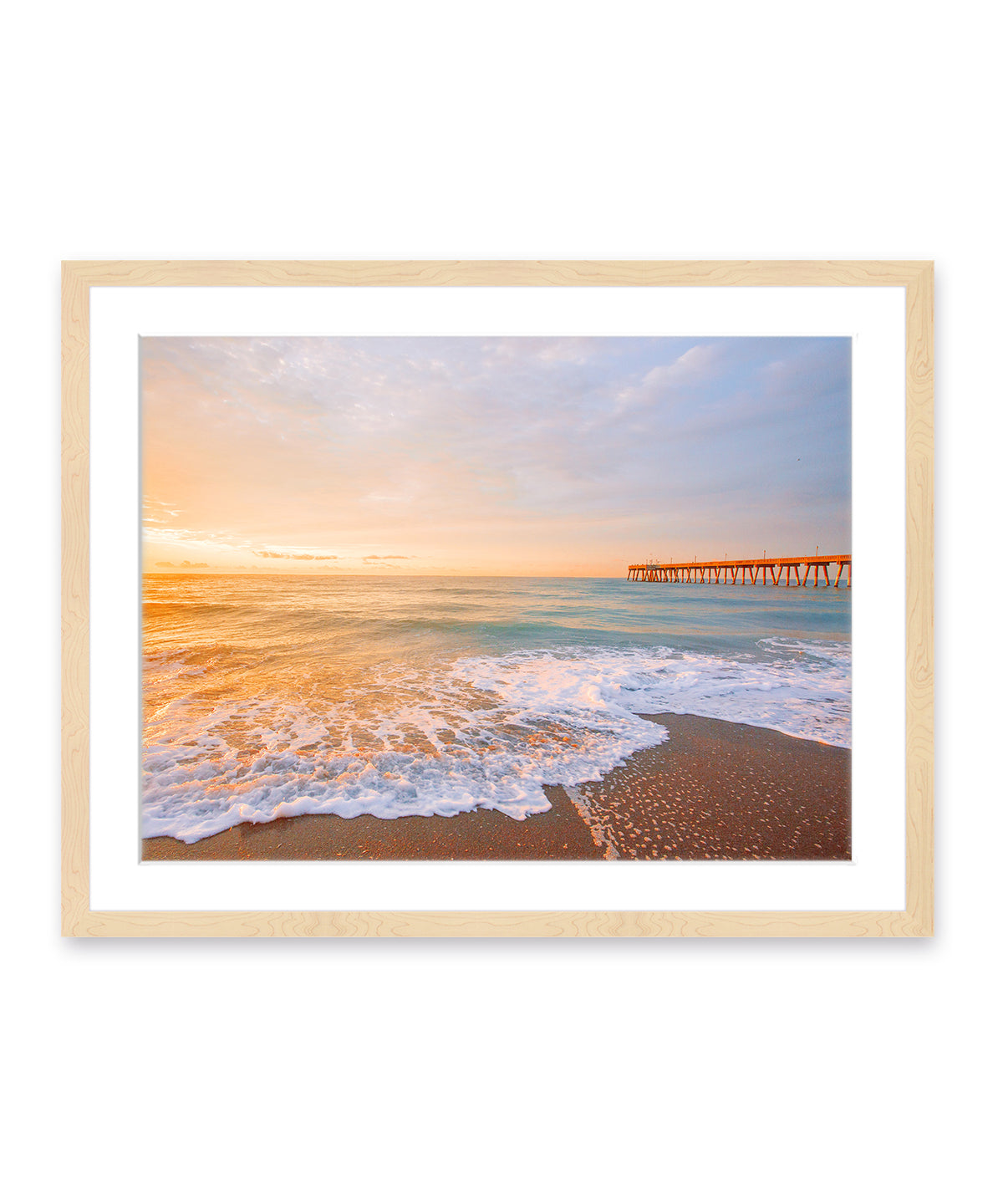 Sunny Colorful Sunrise Wrightsville Beach Photograph, Natural Wood Frame by Wright and Roam