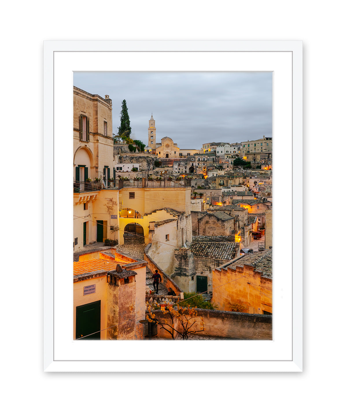 Italy photograph featuring twilight cityscape and historic stone buildings in white wood frame