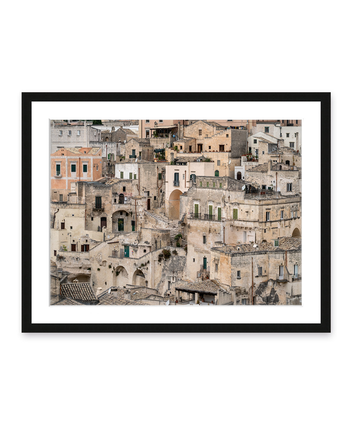 fine art italy photograph featuring historic architecture of Matera and neutral textured stone buildings in a black wood frame