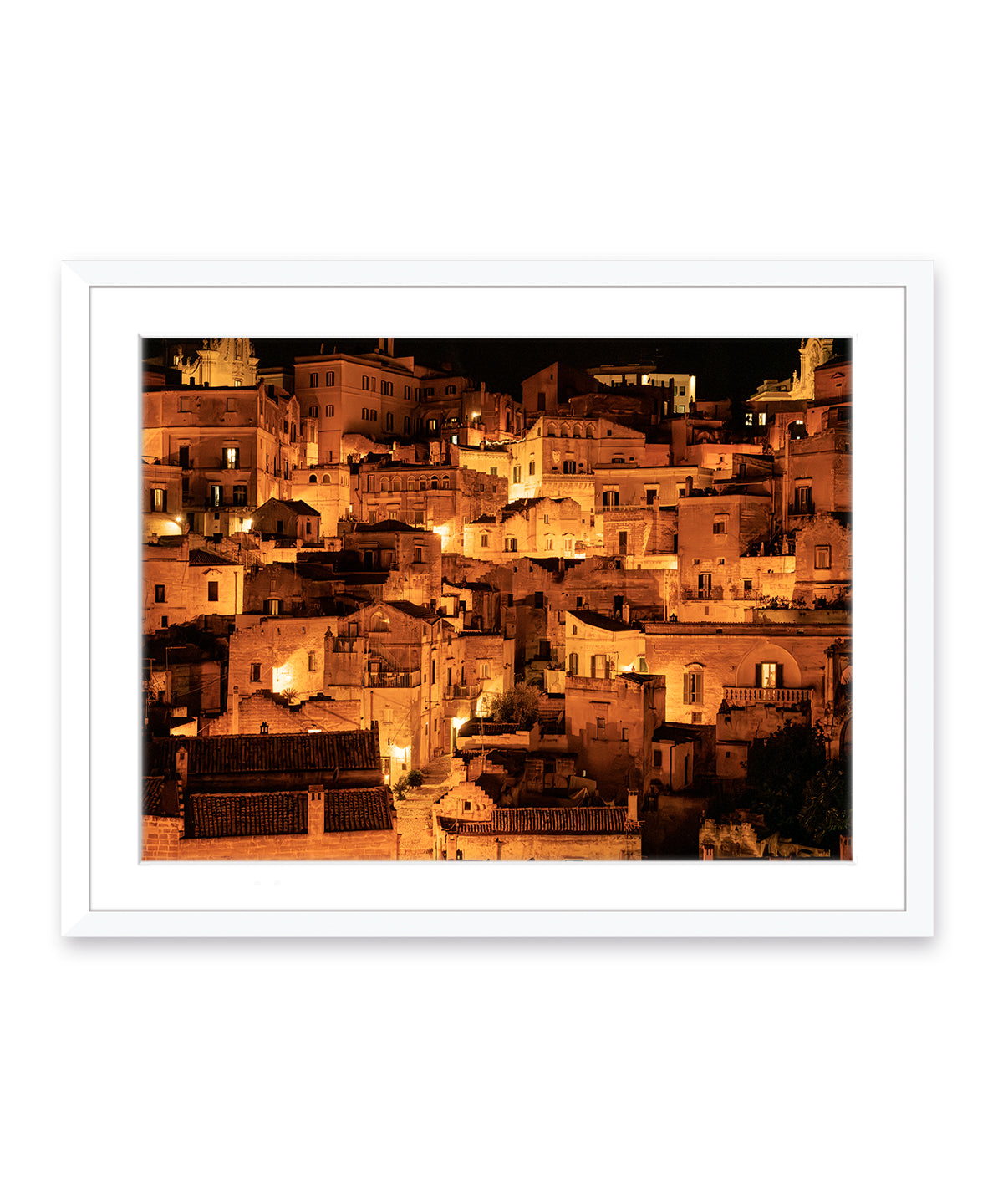 Fine art italy photograph featuring historic city Matera at night in white wood frame