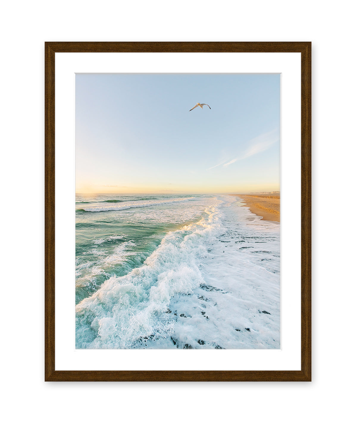 blue wrightsville beach morning photograph with brown frame