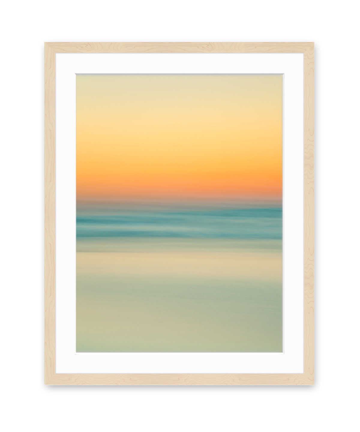 abstract minimal print, sunrise beach photograph, natural wood frame by Wright and Roam