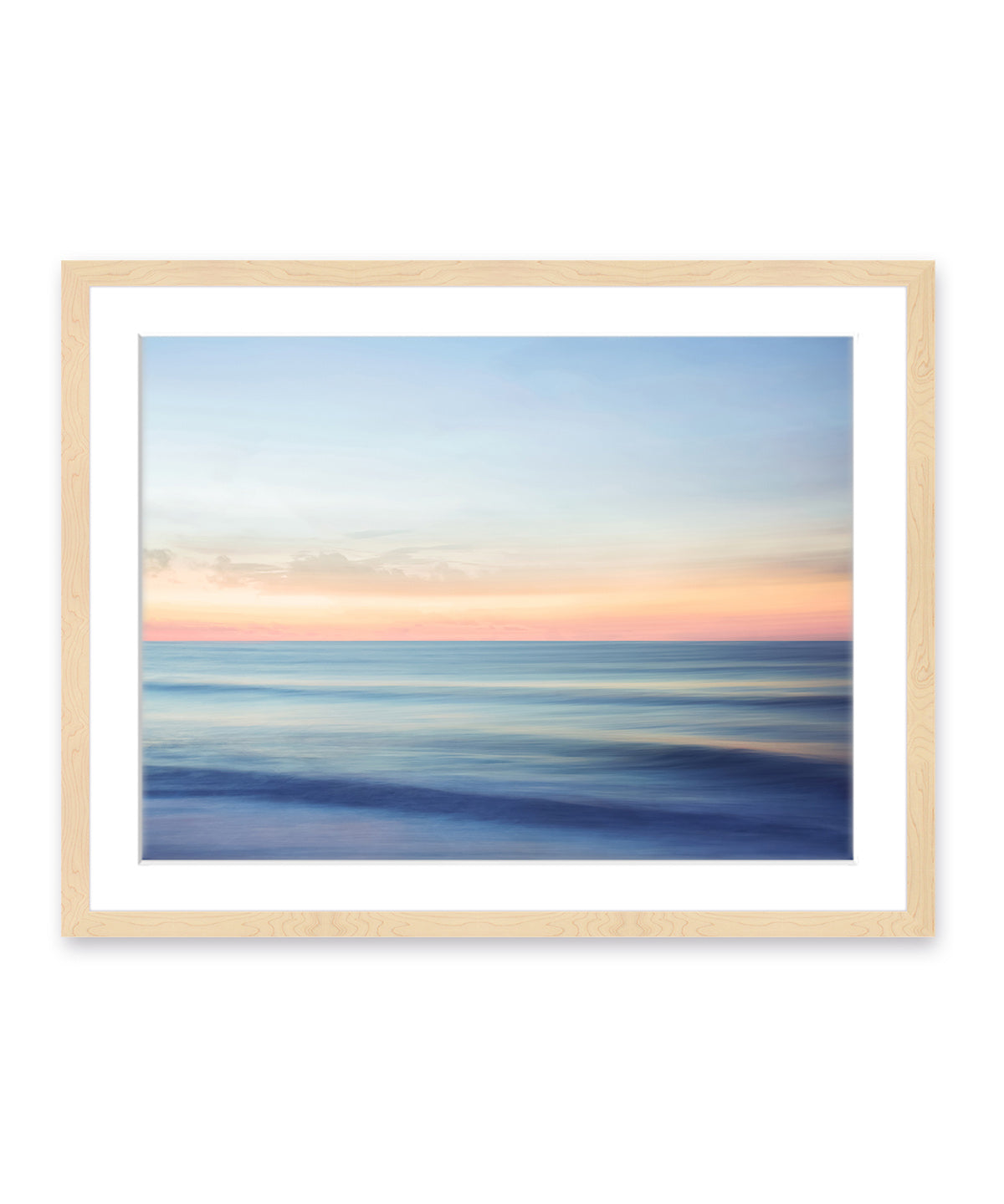indigo blue abstract, minimal waves beach photograph, natural wood frame by Wright and Roam