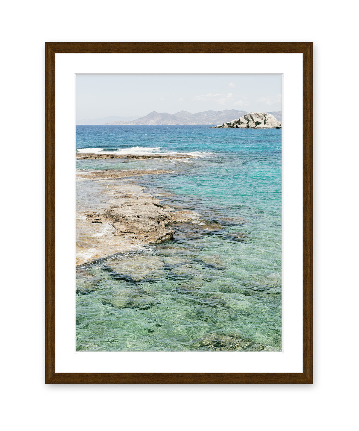 clear water photograph, mediterranean sea , greek islands, brown frame