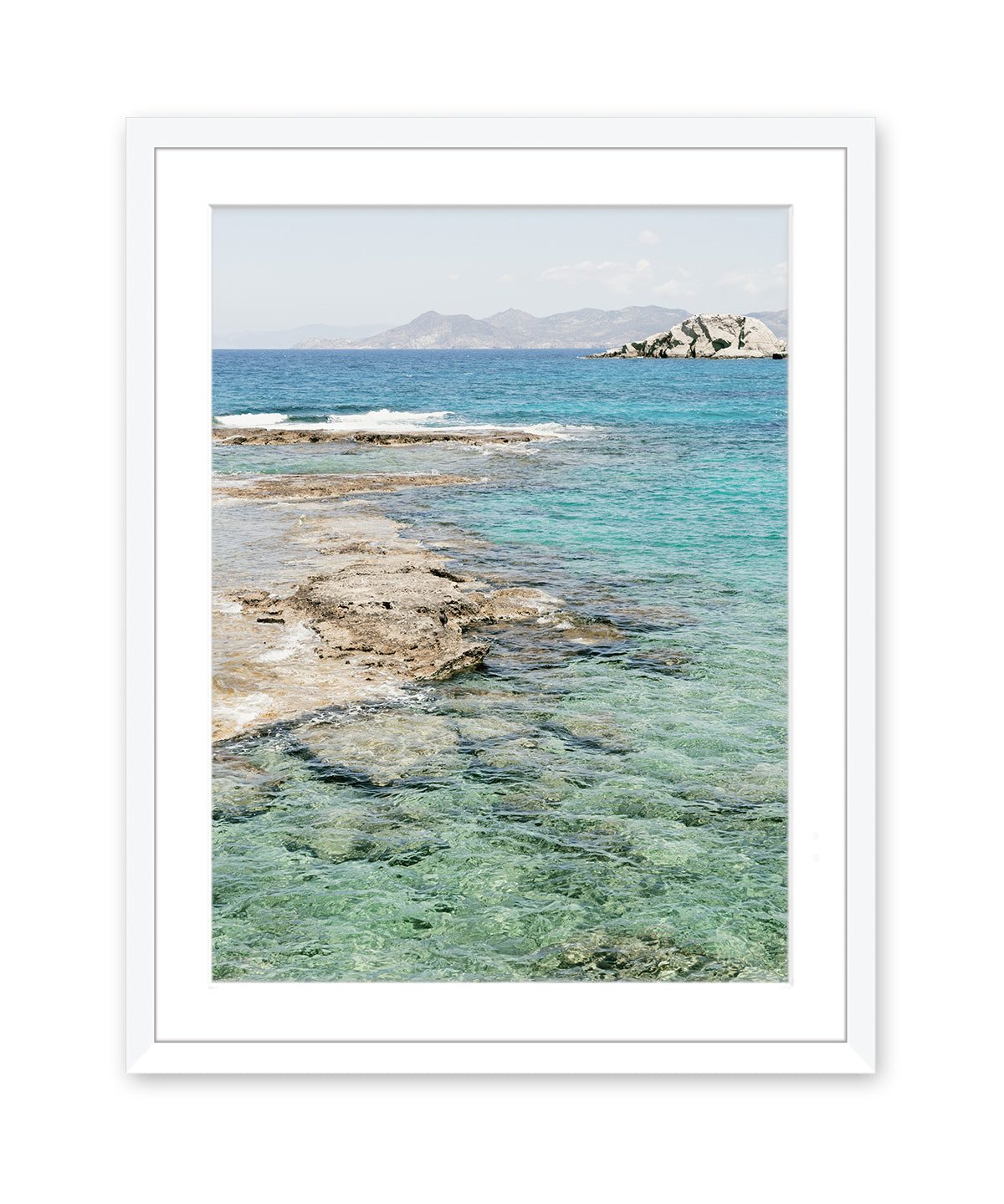 clear water photograph, mediterranean sea , greek islands, white frame