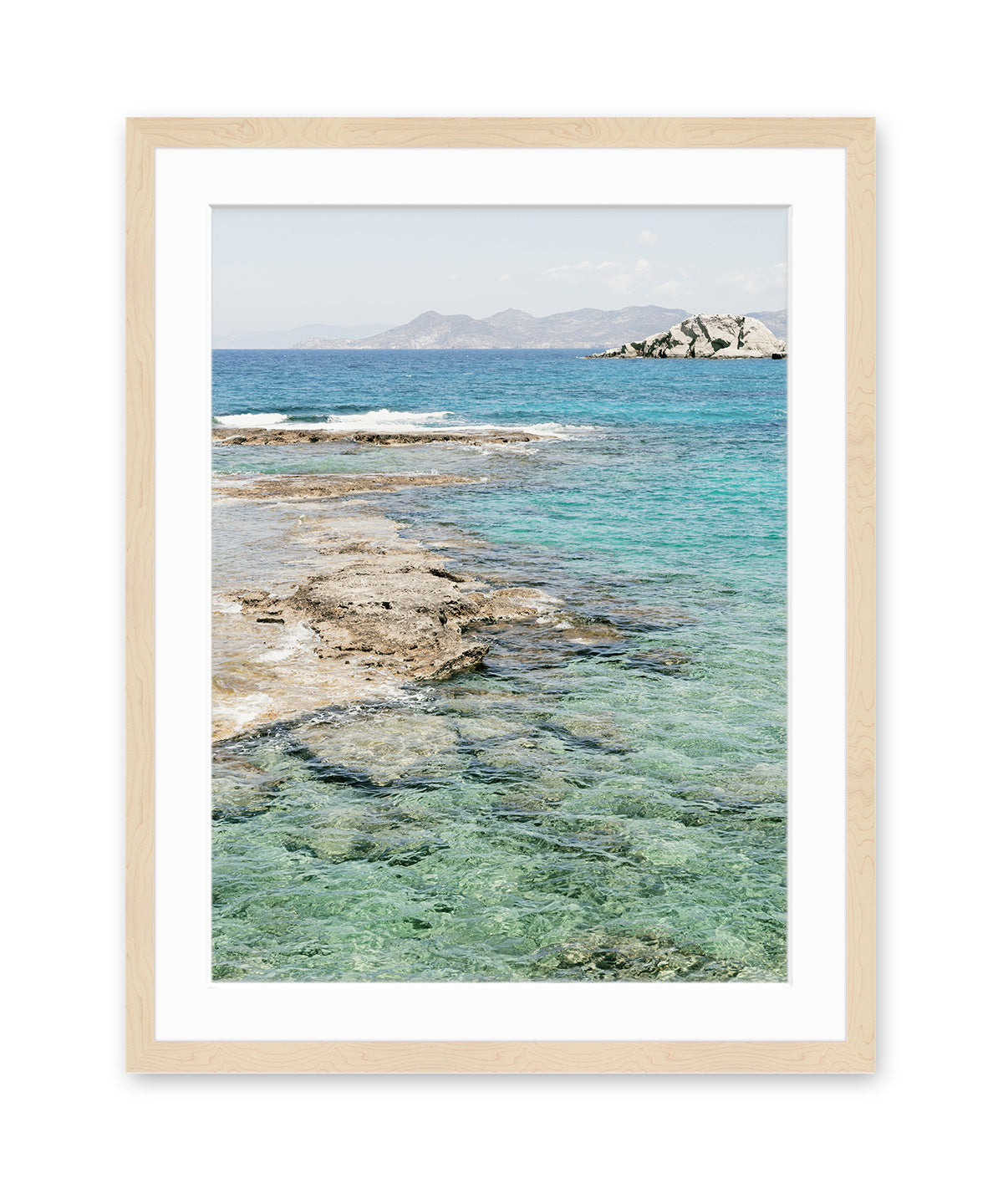clear water photograph, mediterranean sea , greek islands, wood frame
