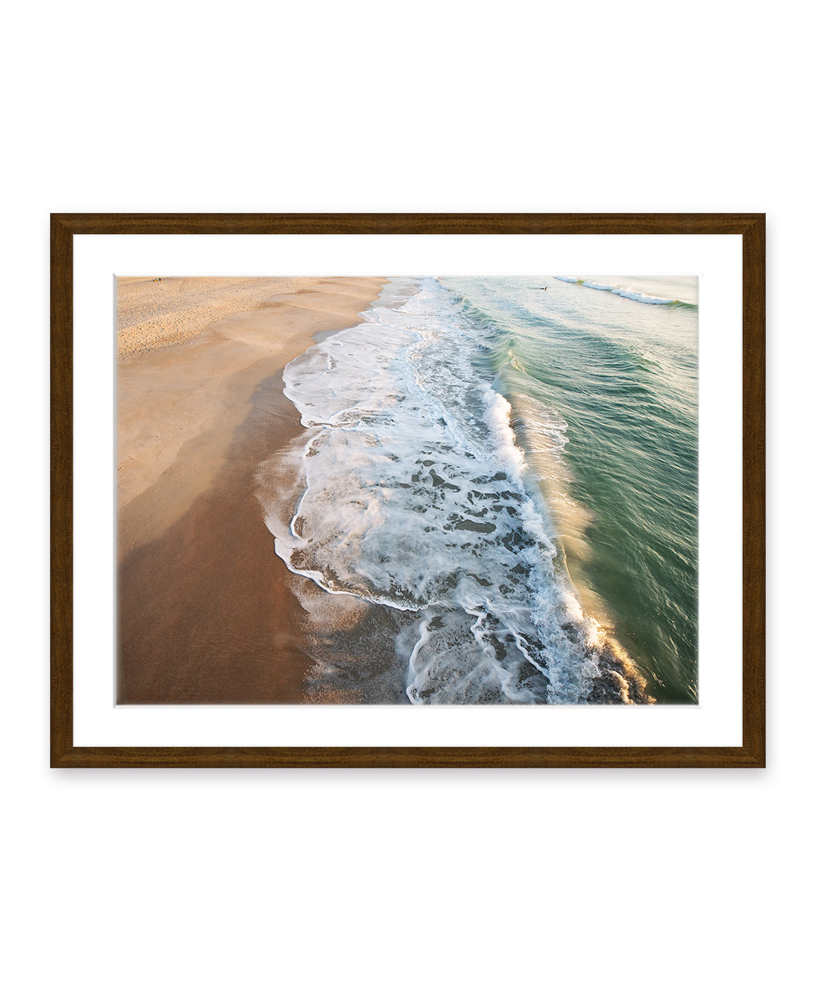 aerial ocean waves, shoreline, brown frame