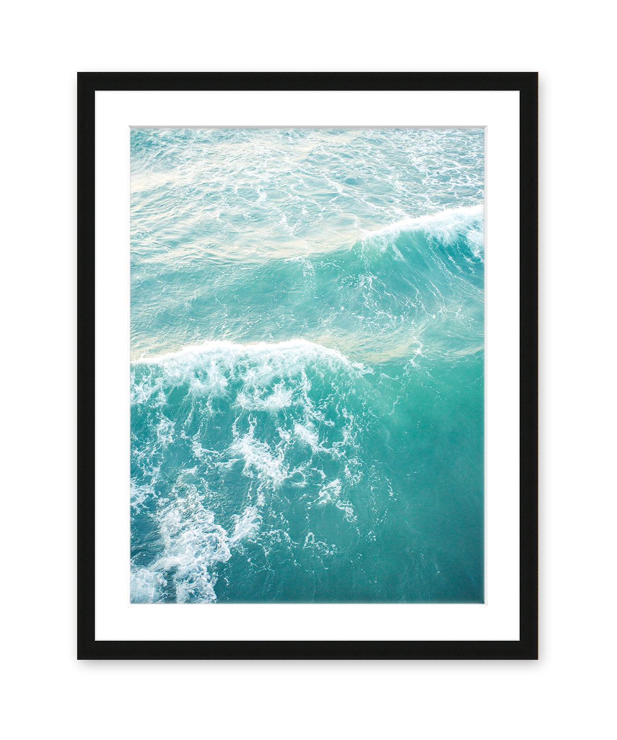 aqua blue ocean waves aerial photograph, black wood frame, by Wright and Roam