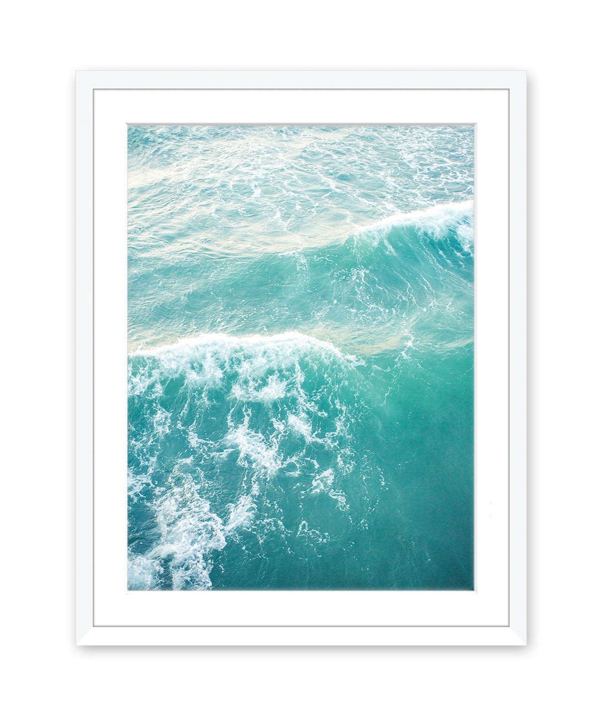 aqua blue ocean waves aerial photograph, white wood frame, by Wright and Roam