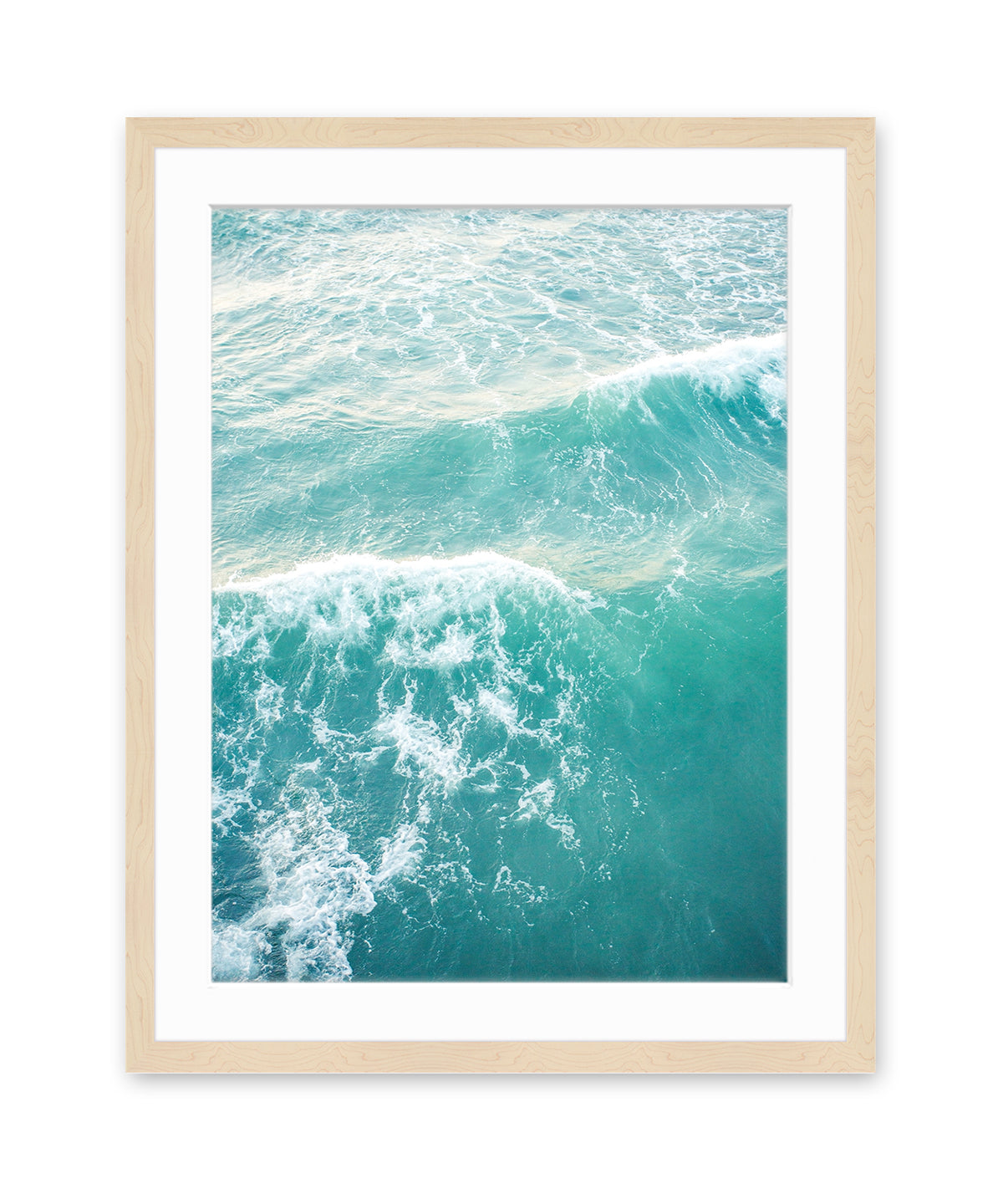 aqua blue ocean waves aerial photograph, natural wood frame, by Wright and Roam