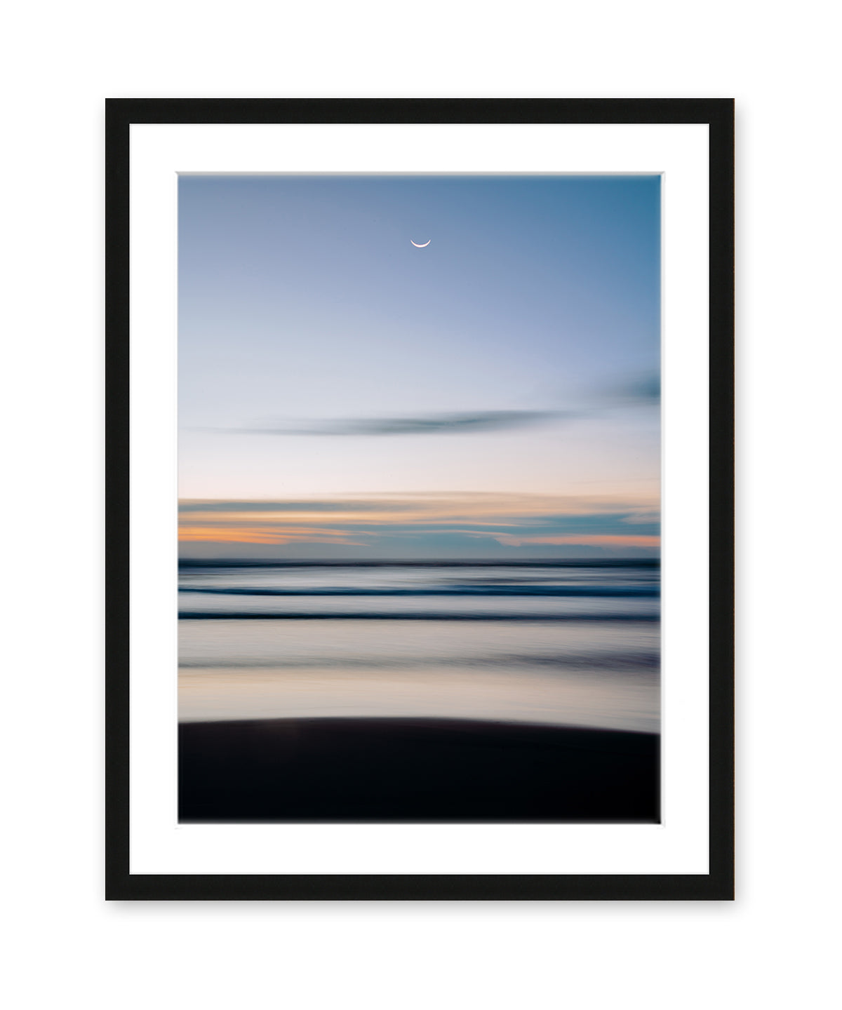 abstract blue beach photograph with half moon, black frame