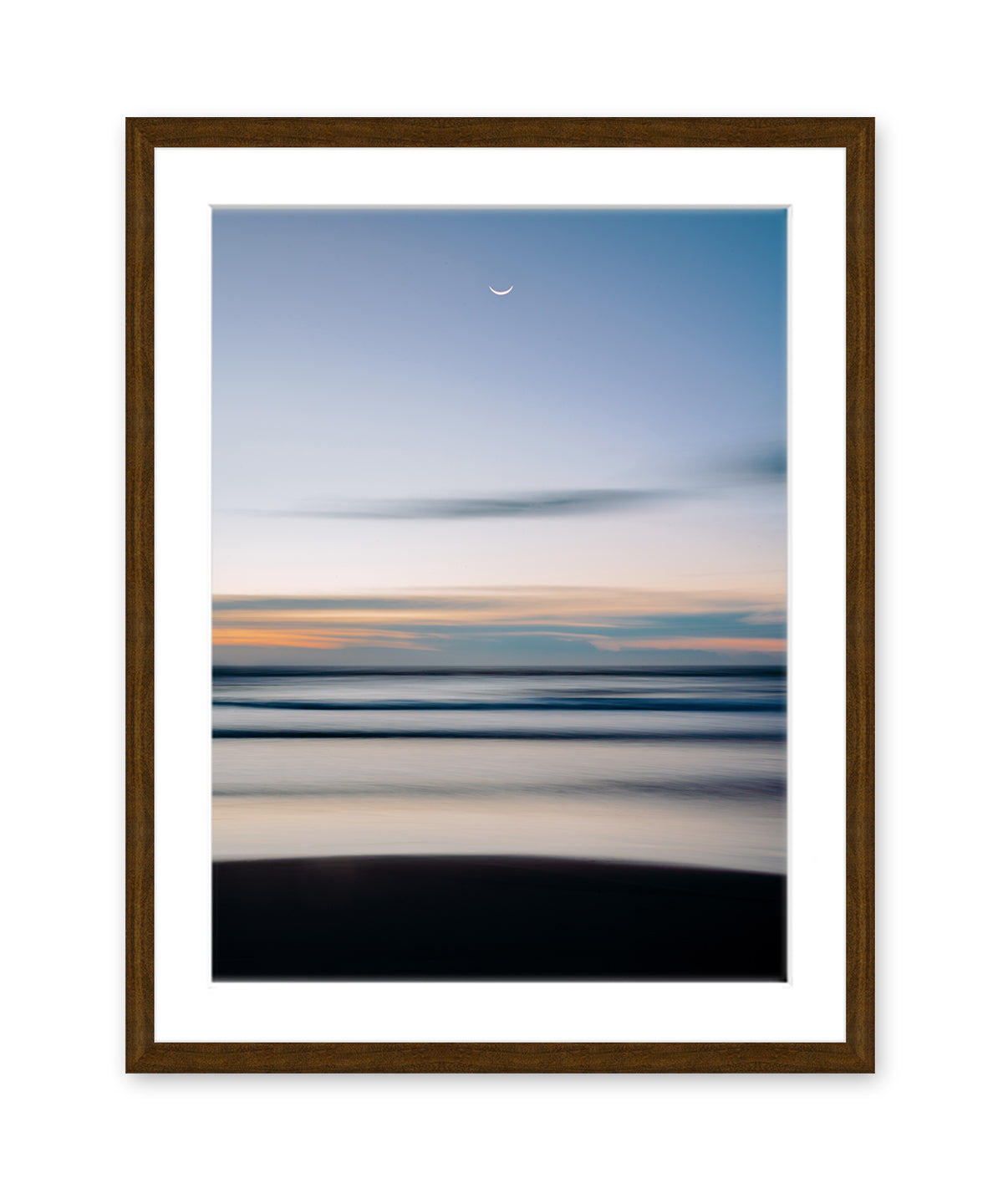 abstract blue beach photograph with half moon, dark wood frame