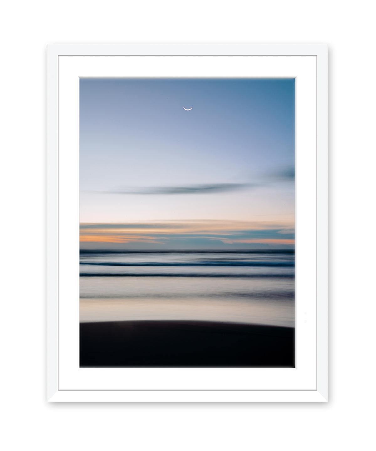 abstract blue beach photograph with half moon, white frame