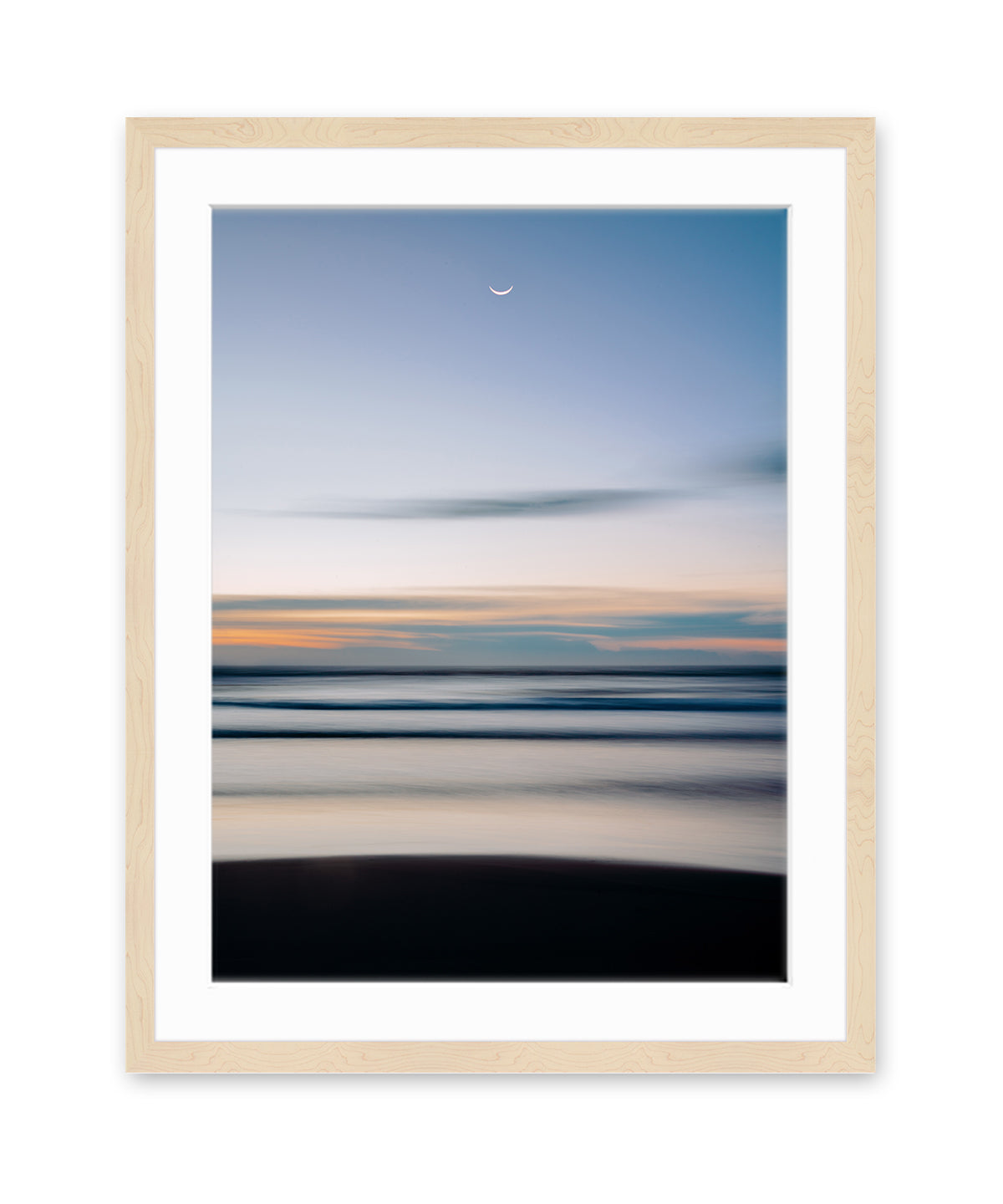 abstract blue beach photograph with half moon, wood frame