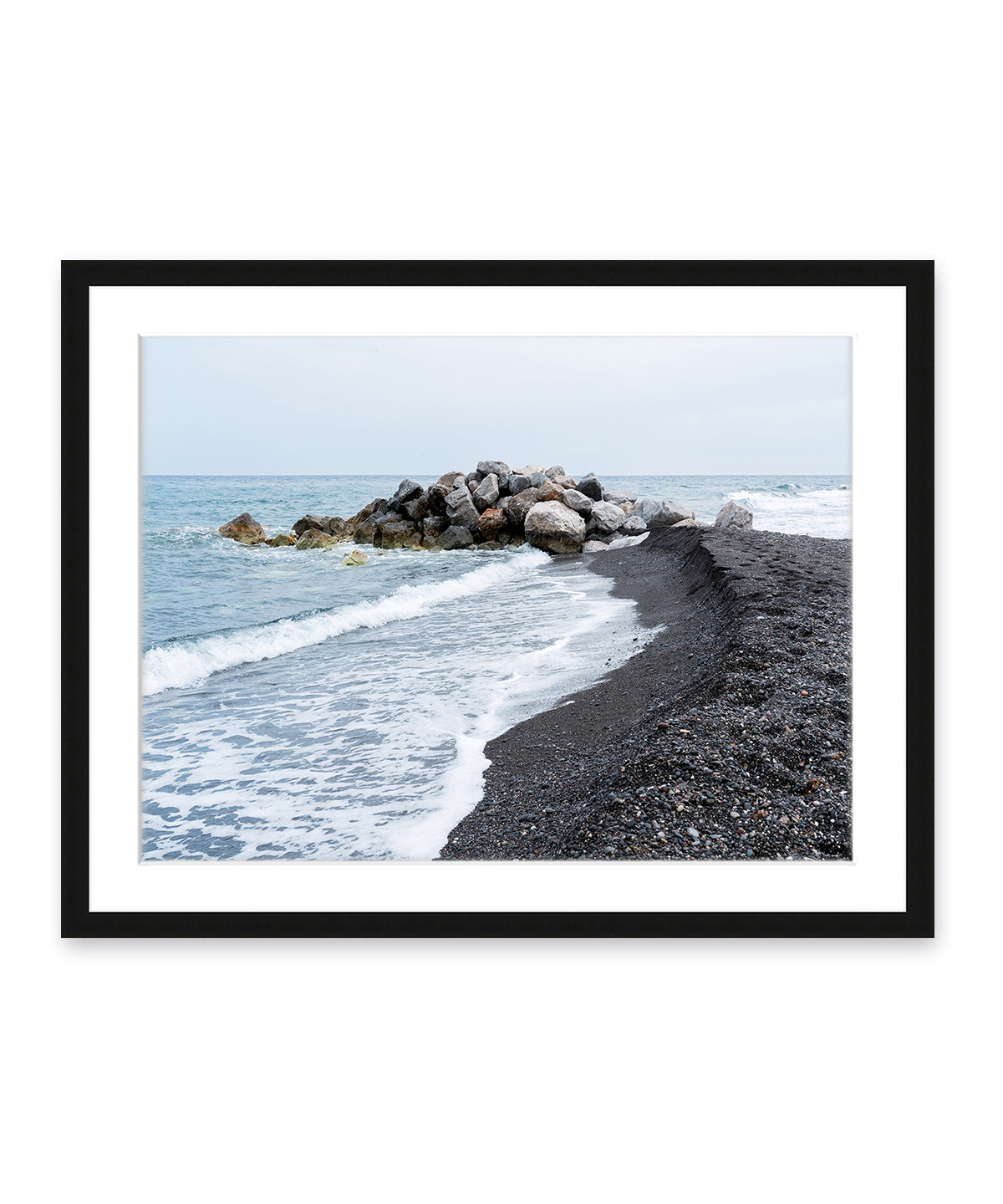 black beach, coastal art, santorini greece photograph, black frame
