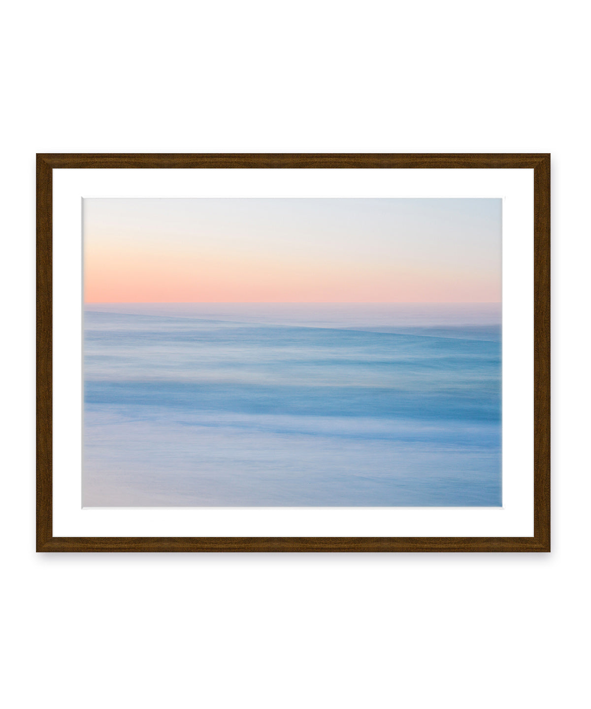 blue abstract minimal sunrise beach photograph, dark wood frame by Wright and Roam