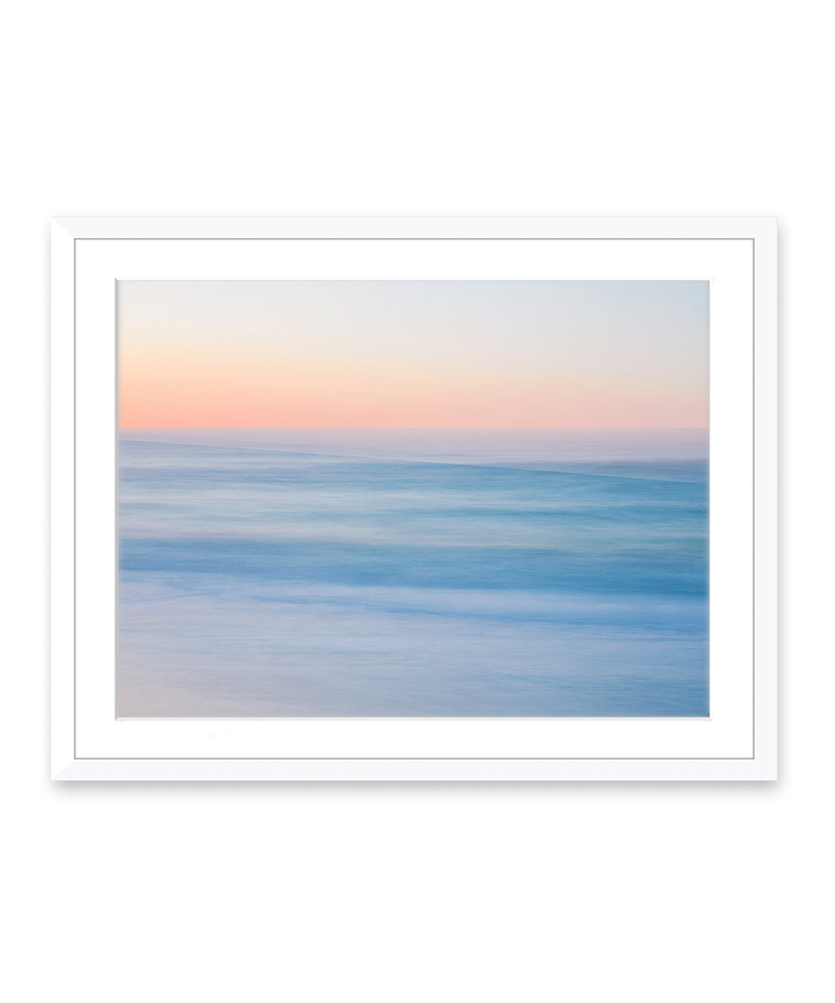 blue abstract minimal sunrise beach photograph, white wood frame by Wright and Roam