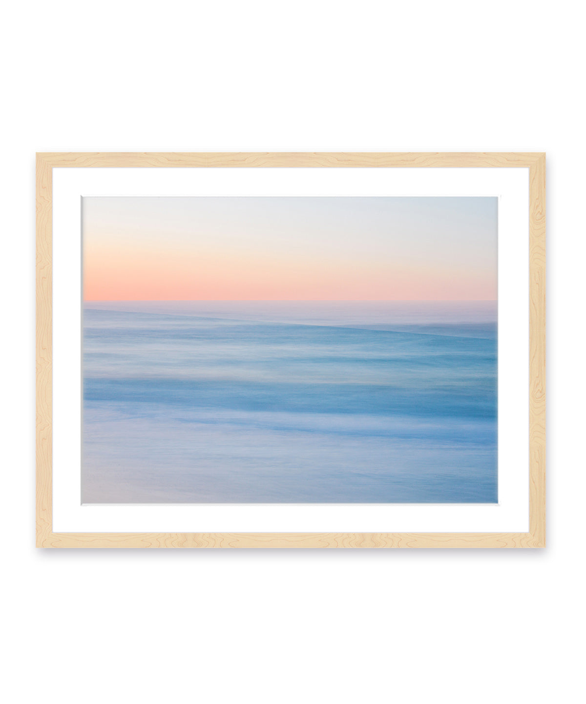 blue abstract minimal sunrise beach photograph, natural wood frame by Wright and Roam