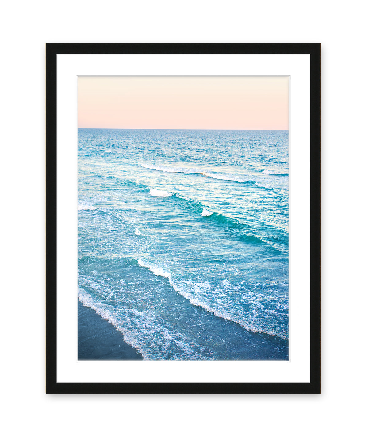 aerial photograph, sunset blue beach print, black wood frame, by Wright and Roam