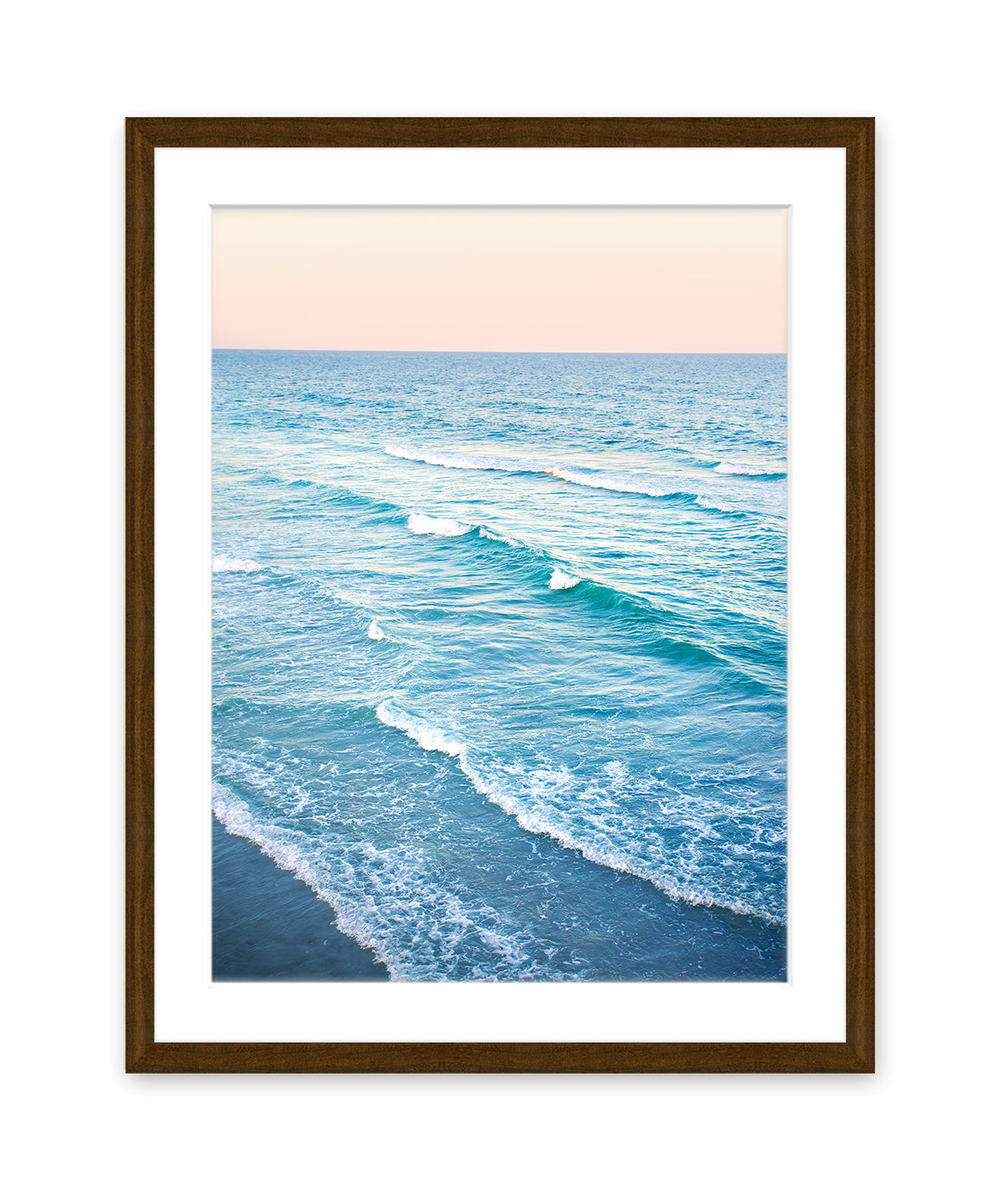 aerial photograph, sunset blue beach print, dark wood frame, by Wright and Roam