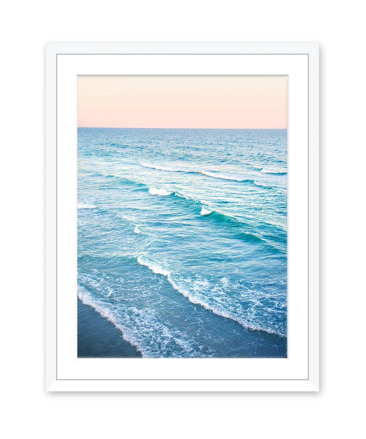 aerial photograph, sunset blue beach print, white wood frame, by Wright and Roam