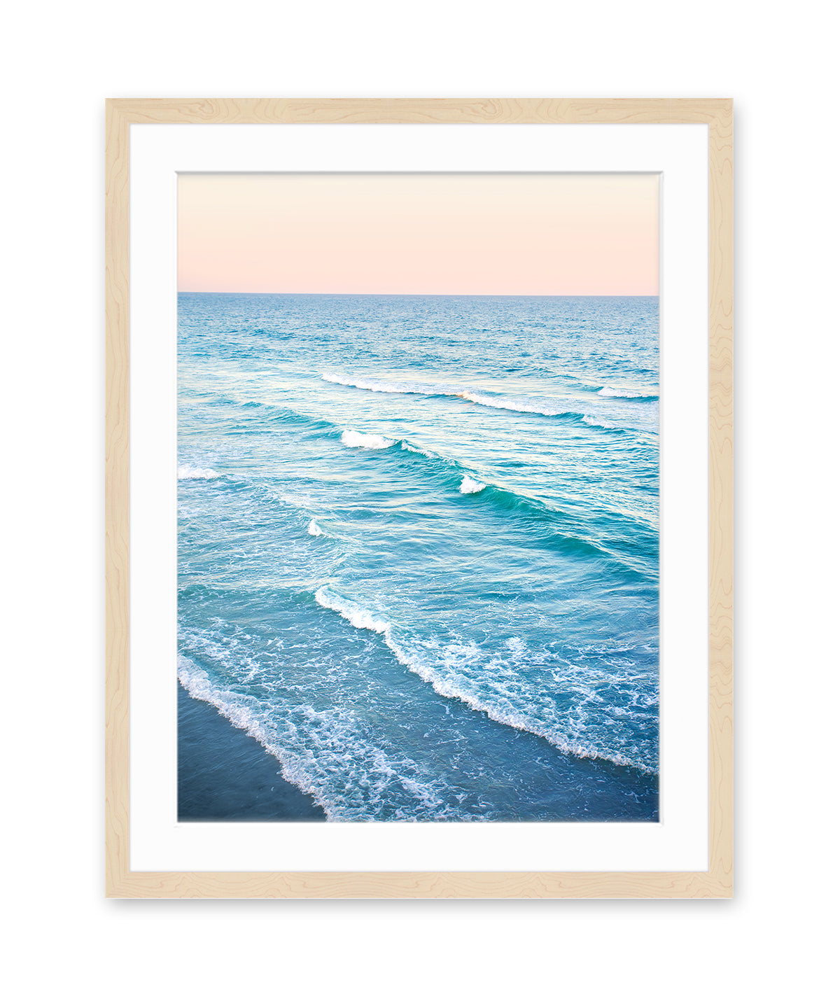 aerial photograph, sunset blue beach print, natural wood frame, by Wright and Roam