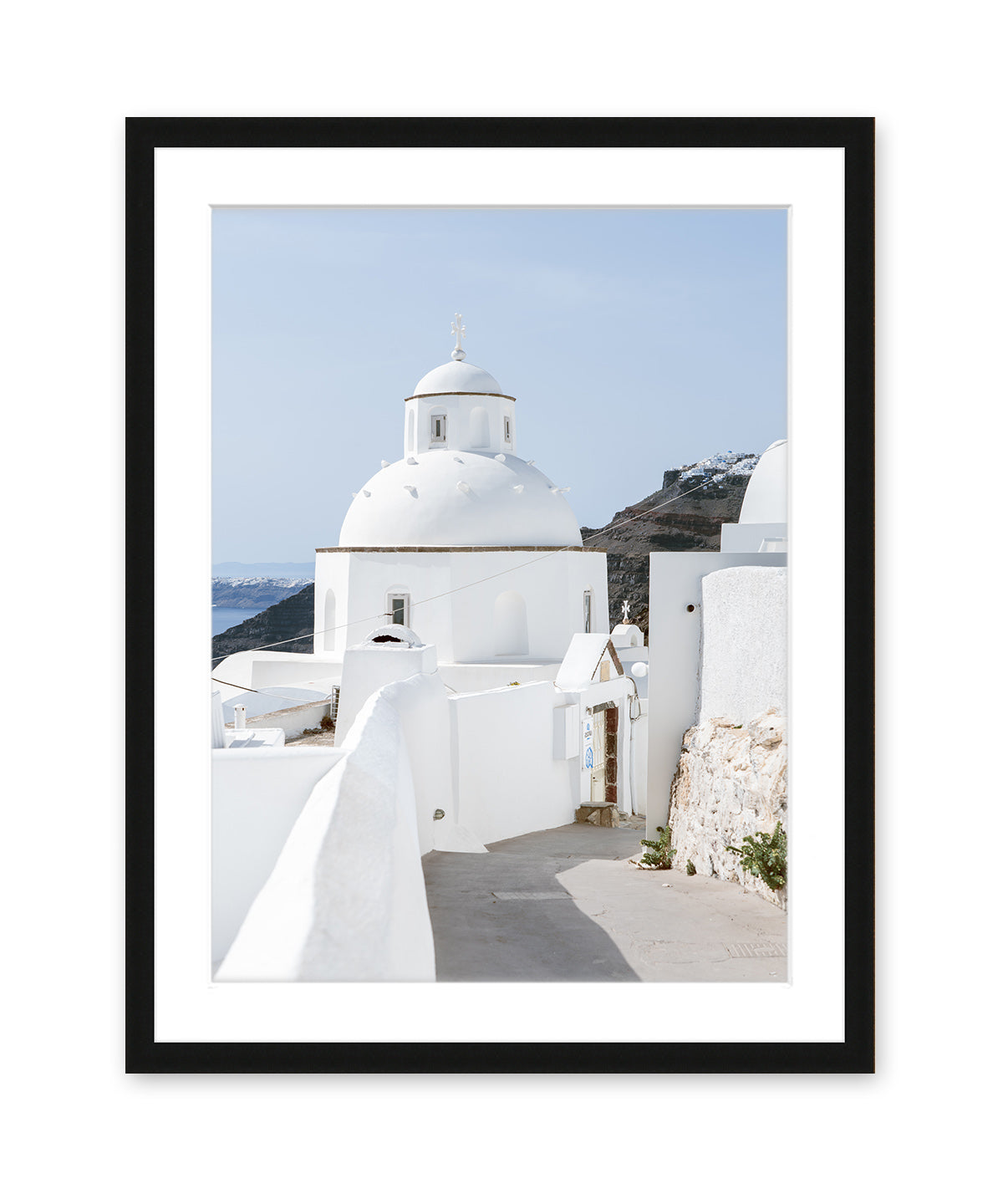 blue and white greek church. Santorini greece art, black frame