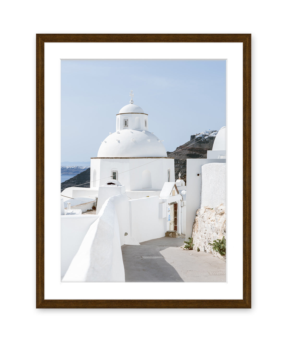 blue and white greek church. Santorini greece art, brown frame