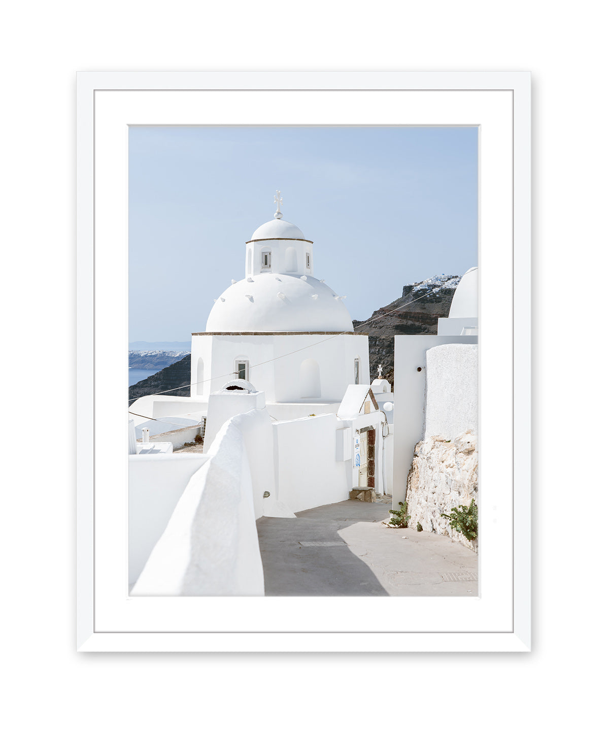 blue and white greek church. Santorini greece art, white frame