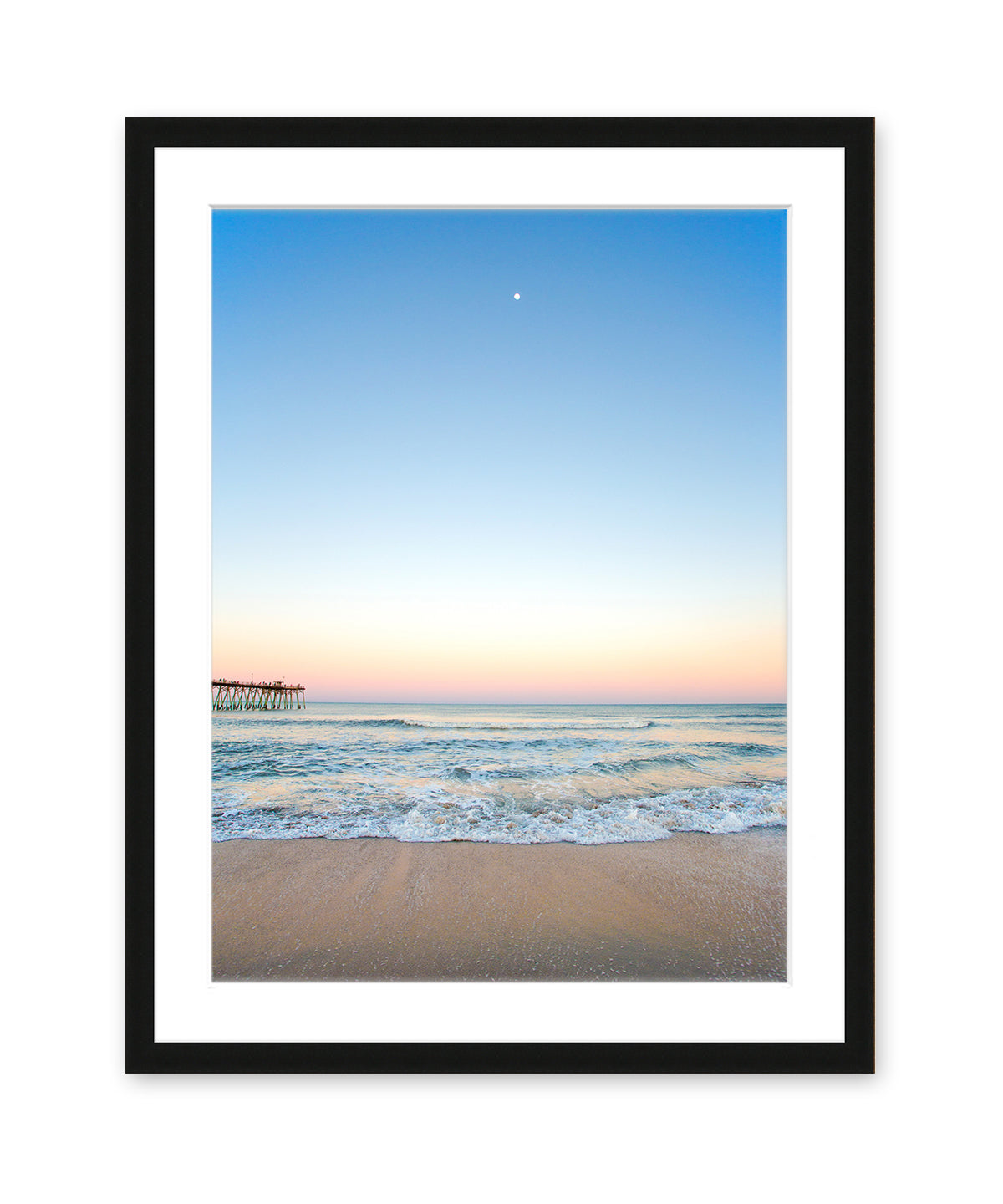 Blue Beach Photograph Sunset, Black Wood Frame, Wright and Roam