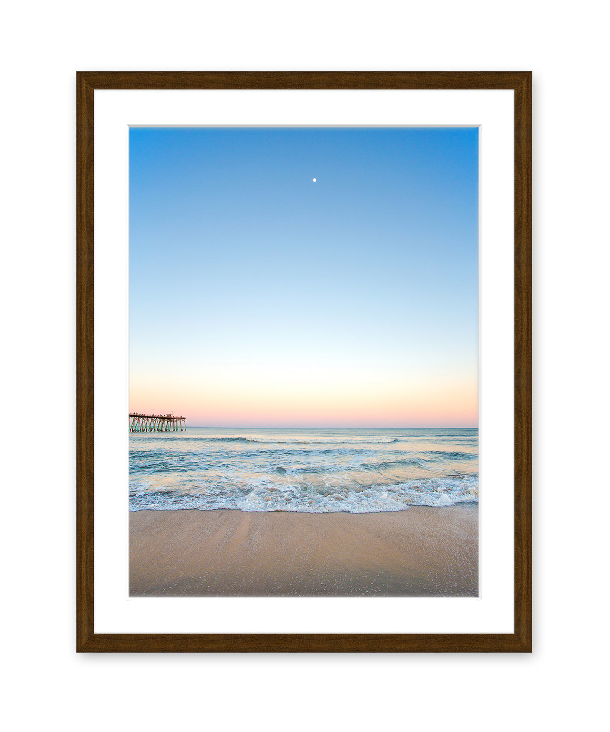 Blue Beach Photograph Sunset, Dark Wood Frame, Wright and Roam
