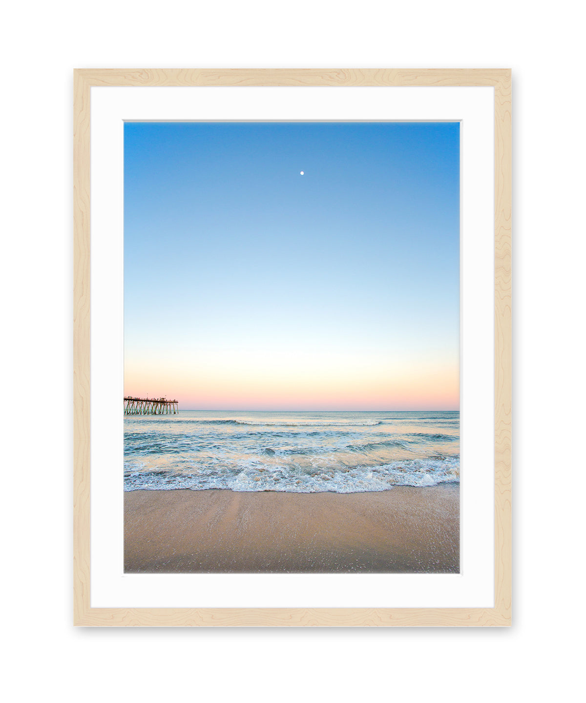 Blue Beach Photograph Sunset, Natural Wood Frame, Wright and Roam