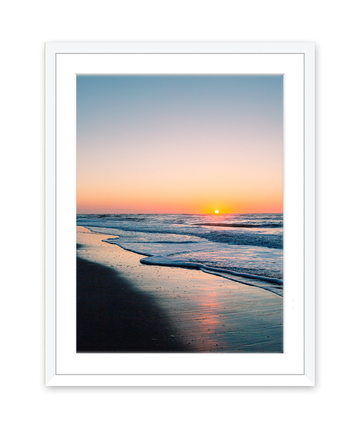 Blue Sunrise Beach Photograph White Wood Frame, Wright and Roam