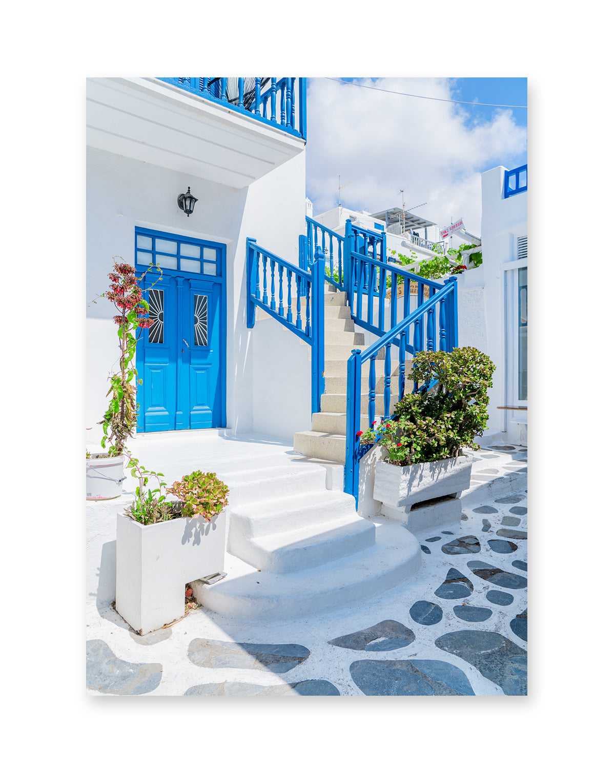 blue and white mykonos, greece photograph. Greek Islands travel print.