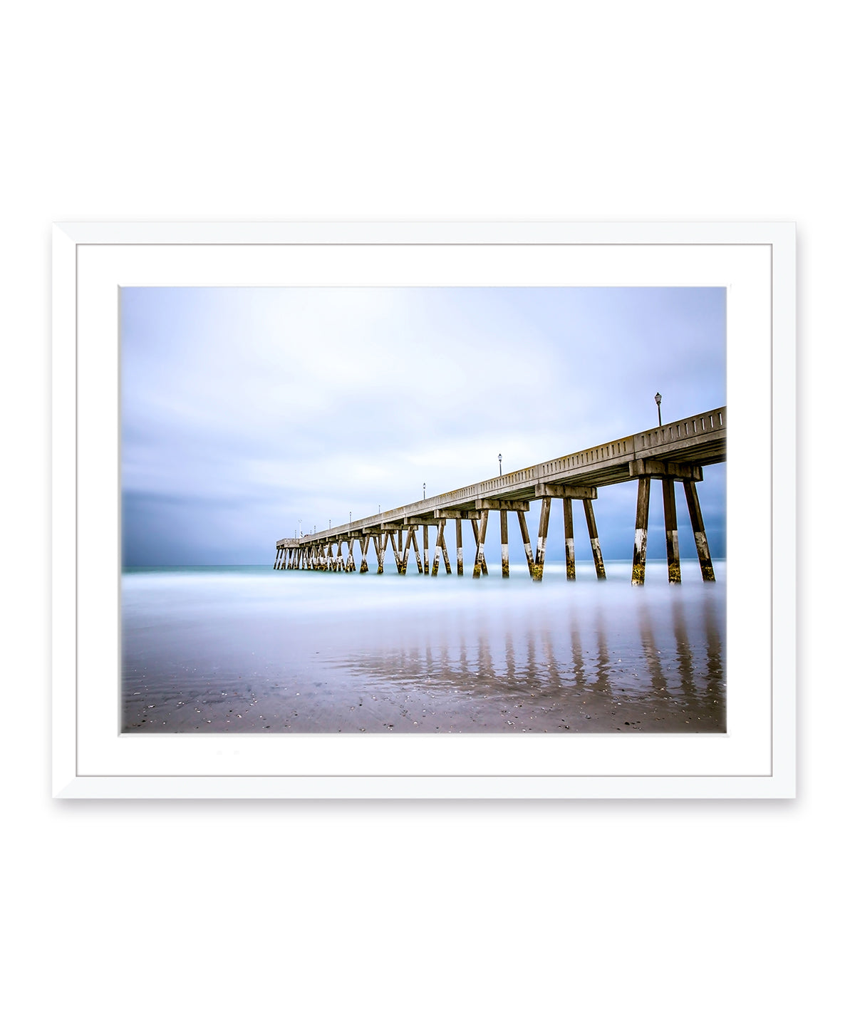 blue Johnny mercer pier Wrightsville beach photograph, white wood frame, by Wright and Roam