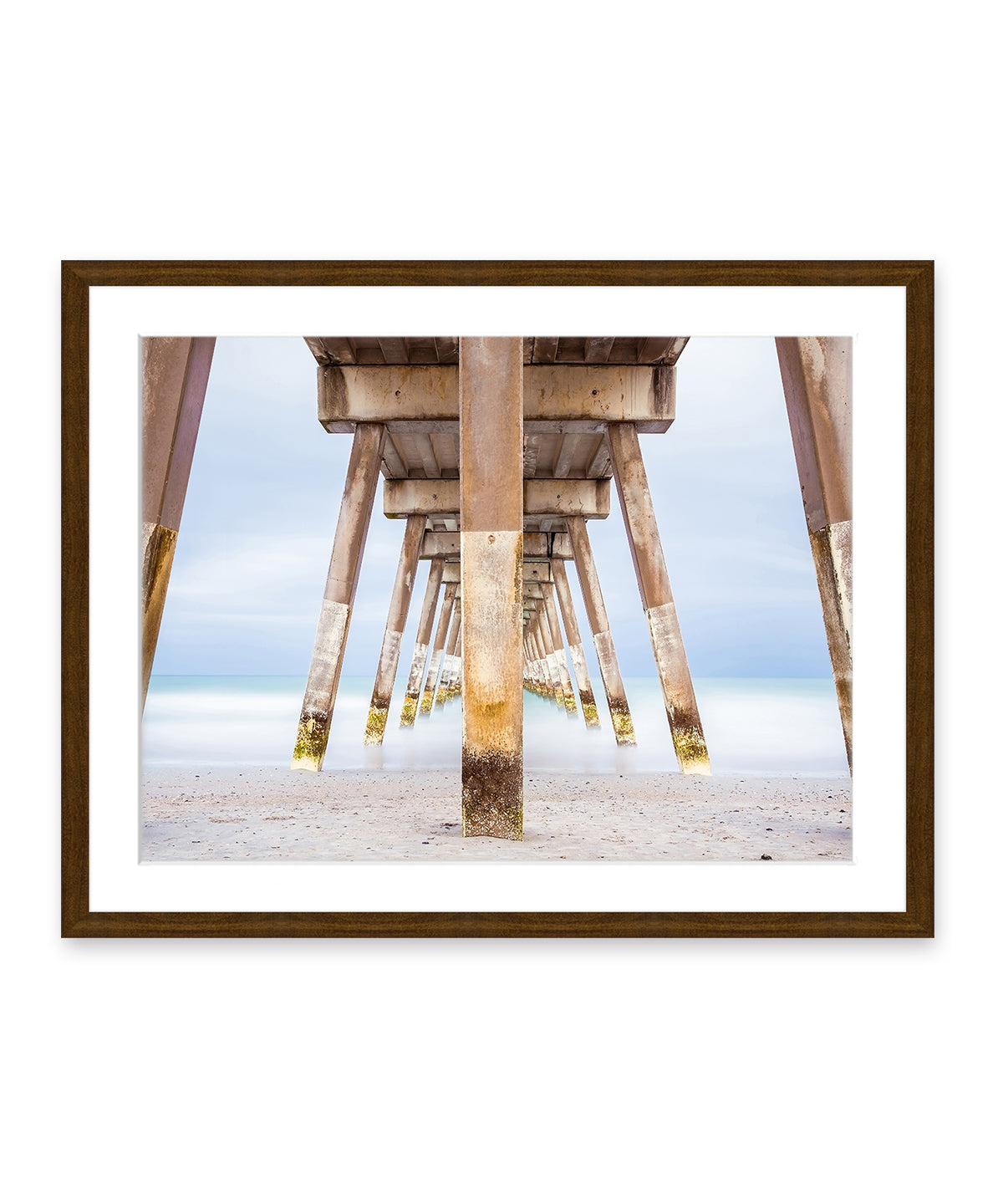 blue Johnny mercer pier wrightsville beach photograph, brown frame, by Wright and Roam