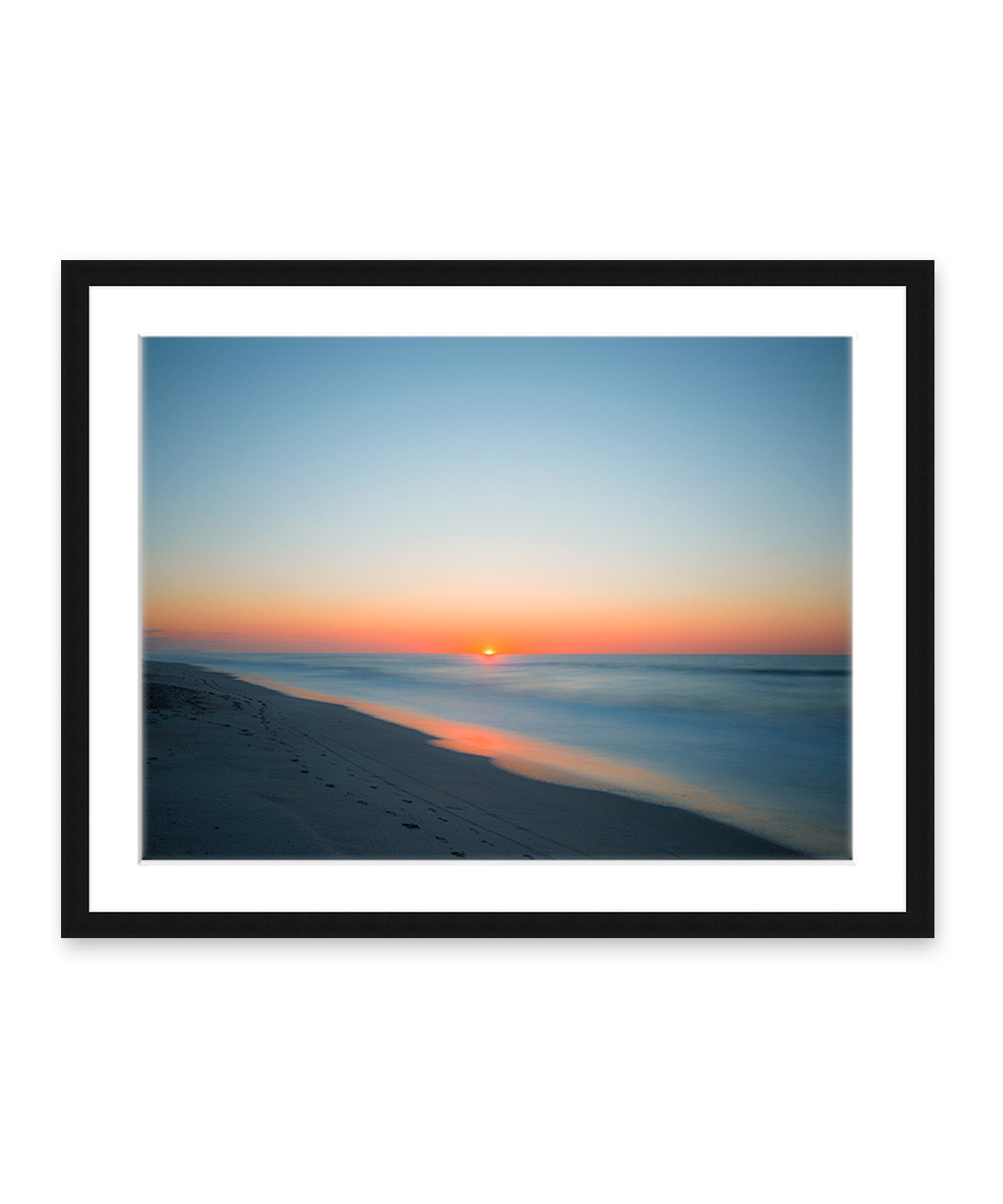 deep blue sunrise beach photograph, black wood frame, by Wright and Roam