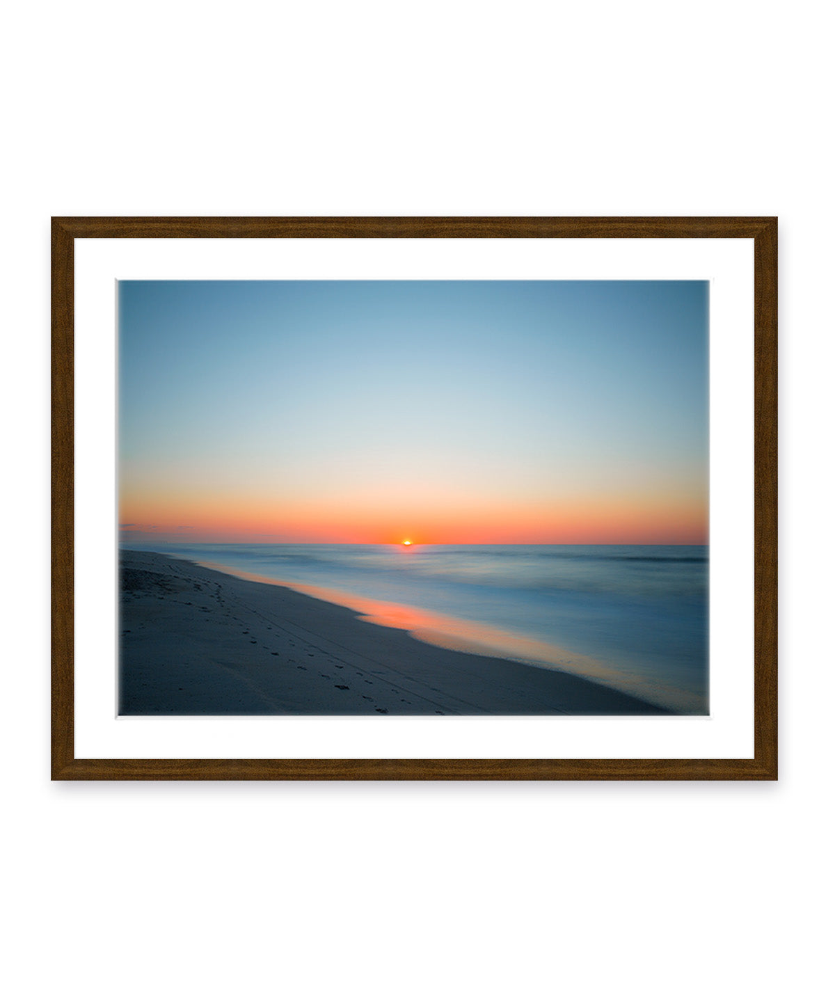deep blue sunrise beach photograph, dark wood frame, by Wright and Roam