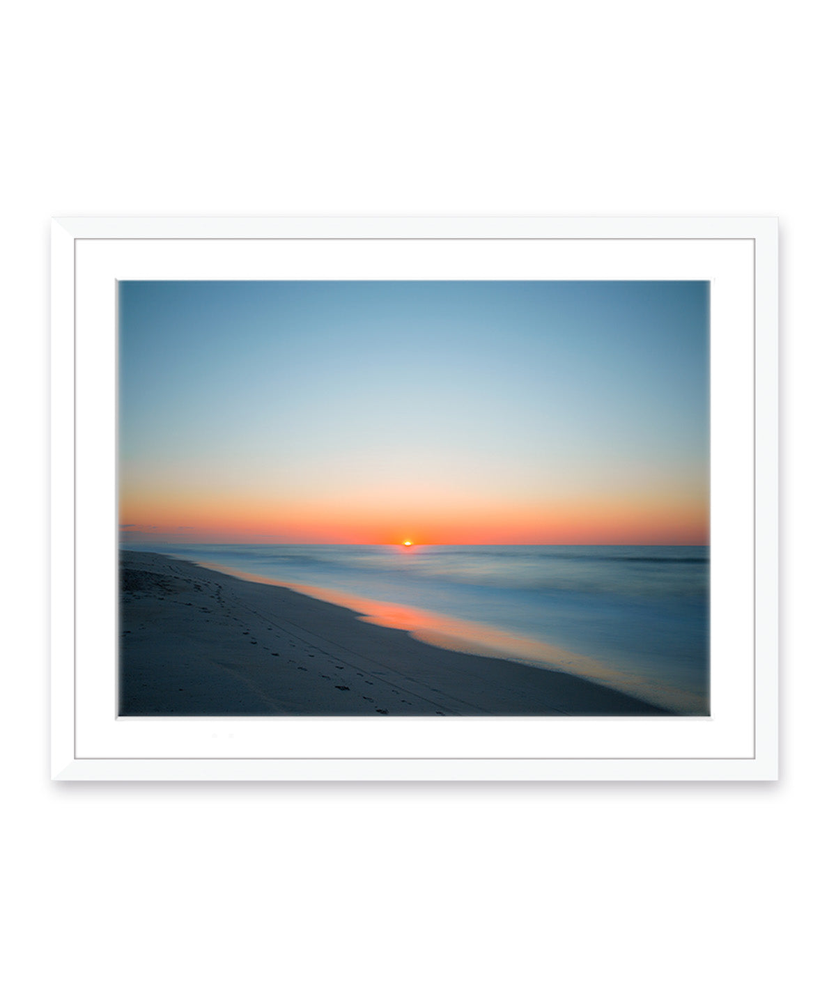 deep blue sunrise beach photograph, white wood frame, by Wright and Roam