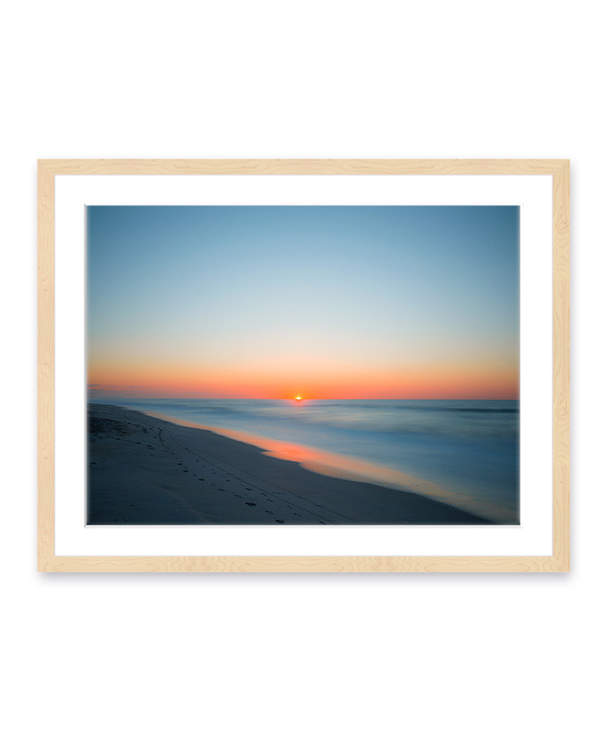 deep blue sunrise beach photograph, natural wood frame, by Wright and Roam