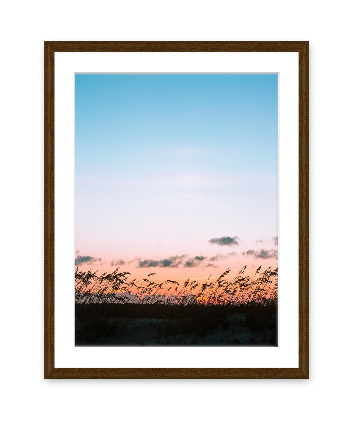 Blue Sunset Beach Print, Brown Frame by Wright and Roam