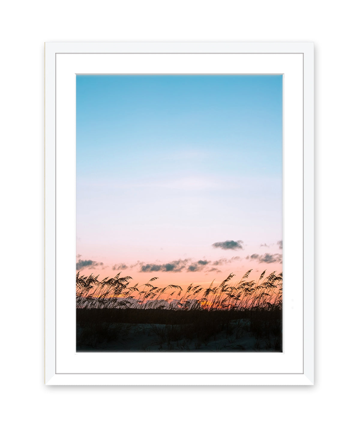 Blue Sunset Beach Print, White Frame by Wright and Roam