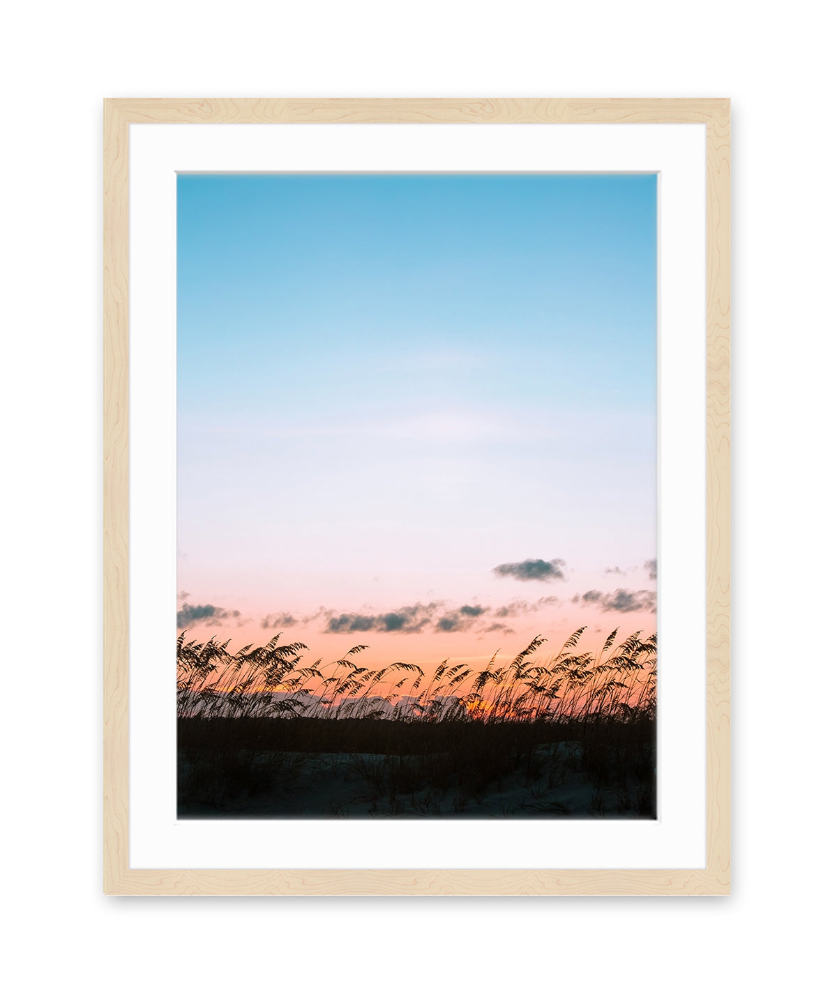 Blue Sunset Beach Print, Natural Wood Frame by Wright and Roam