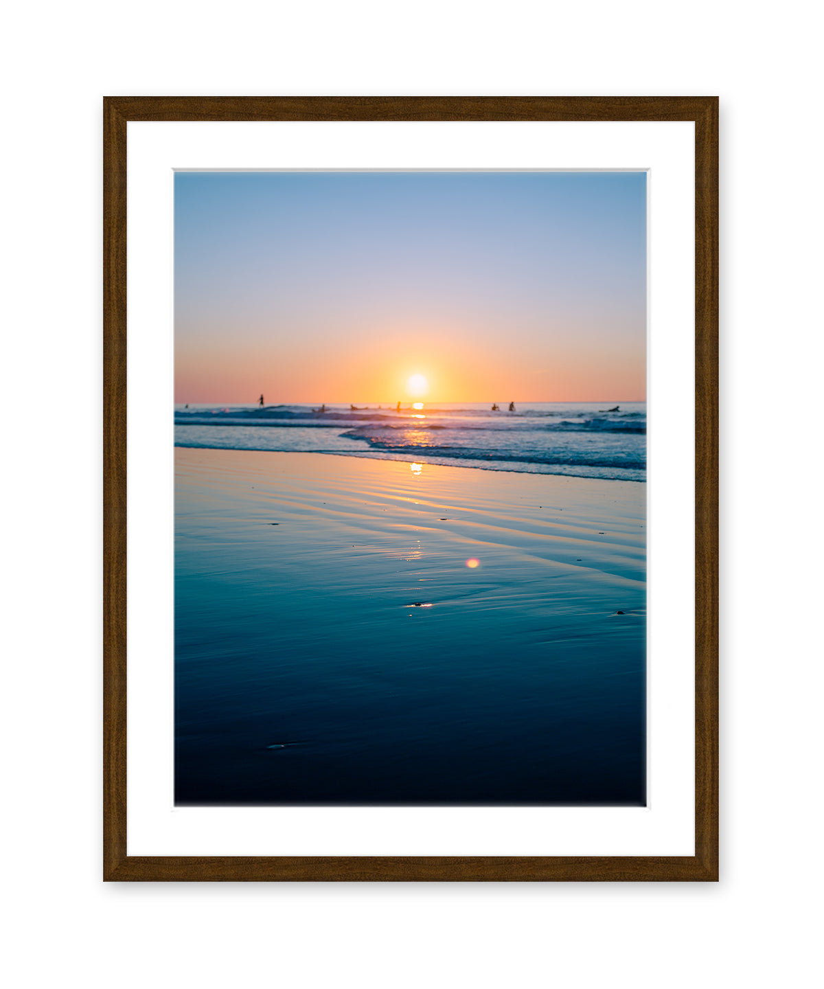 colorful blue wrightsville beach surf print, brown frame
