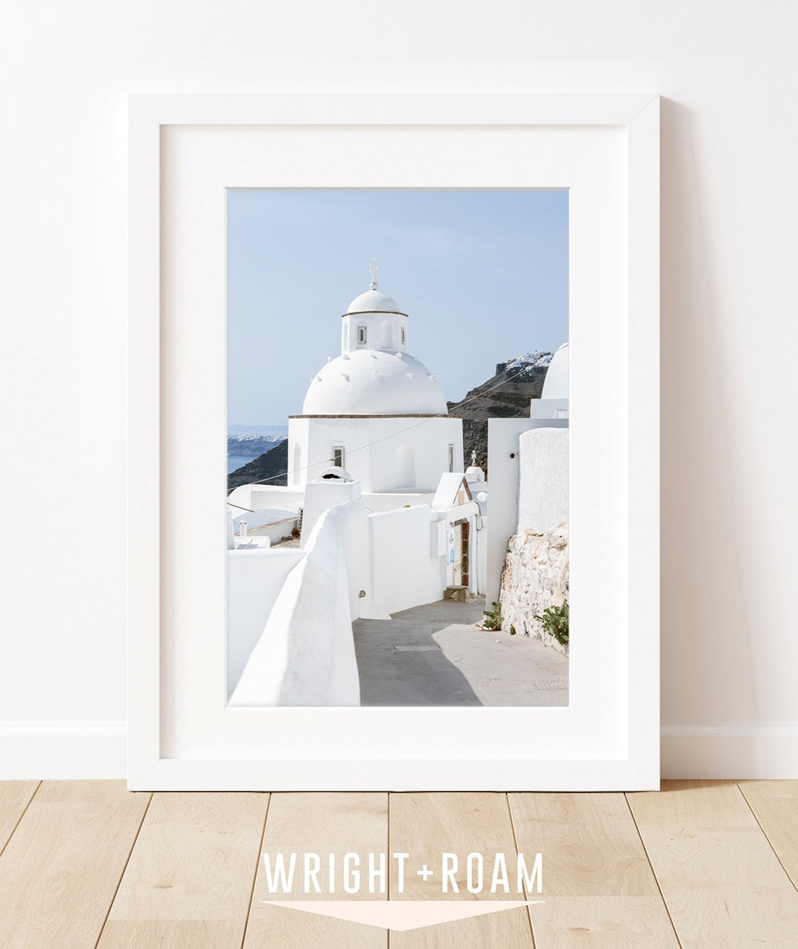 blue and white greek church. Santorini greece art