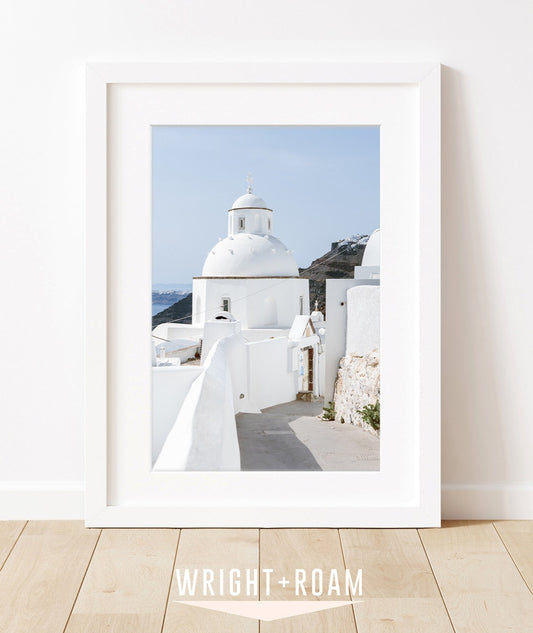 blue and white greek church. Santorini greece art