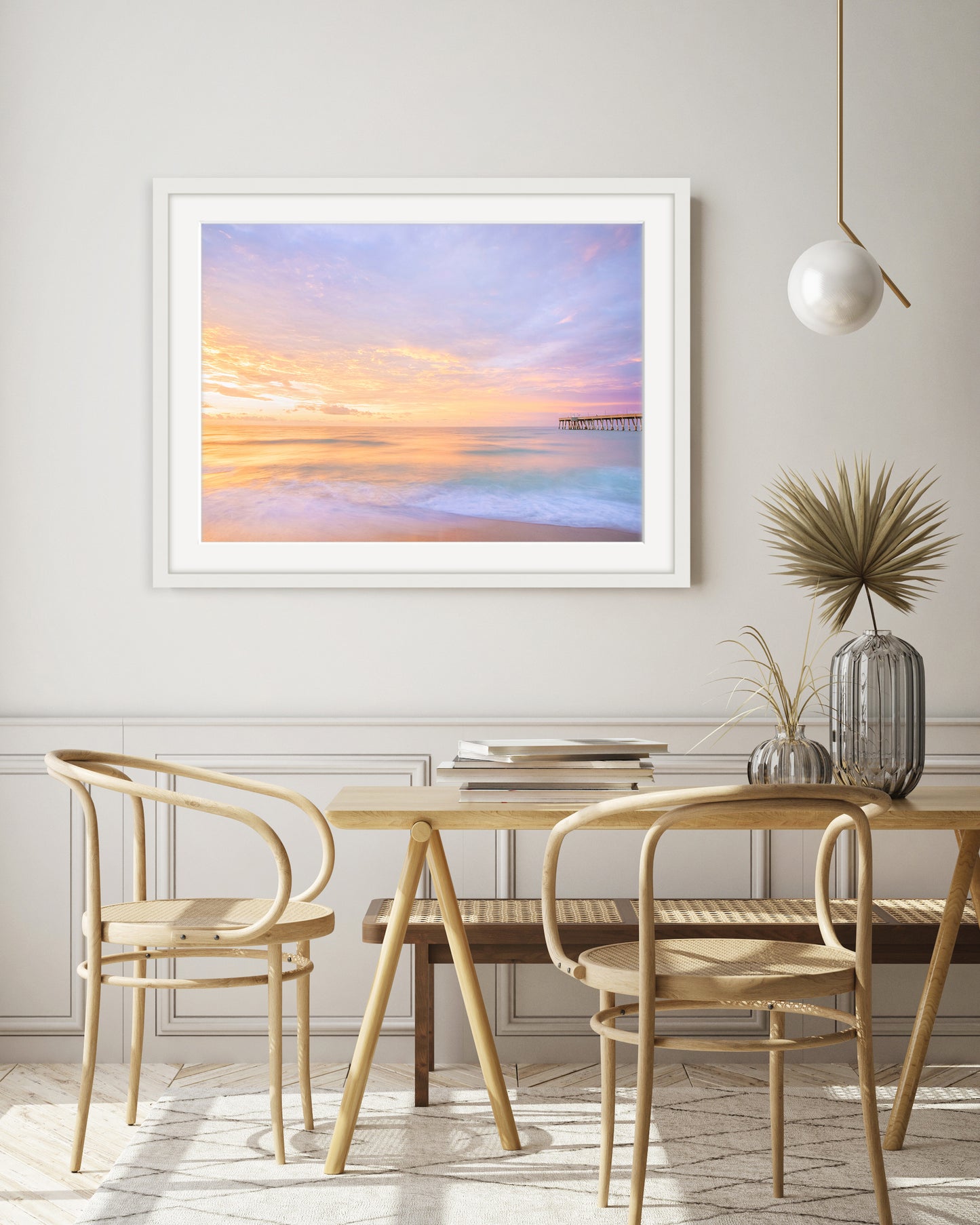 boho coastal decor featuring colorful pastel sunrise beach photograph by Wright and Roam